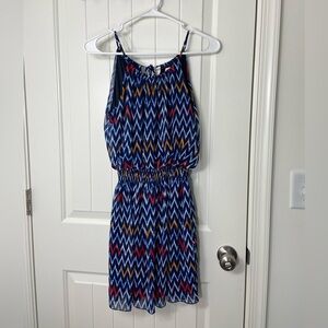 Sweet Storm women’s electric blue red orange geometric cinched high neck dress M